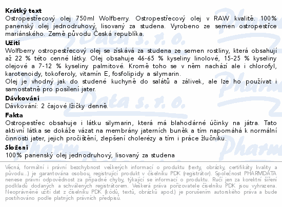 Ostropestřecový olej 750ml Wolfberry