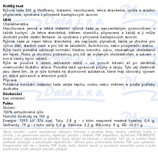 Rýžová instantní kaše 500g Wolfberry