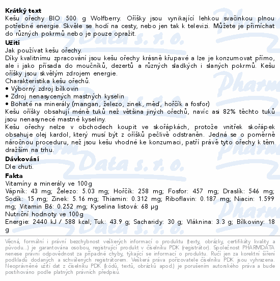 Kešu ořechy BIO 500g Wolfberry