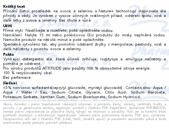 ATTITUDE Nature+ Čist.prostř.na ovoc.a zelen.800ml