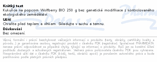 Kukuřice na popcorn BIO 250g Wolfberry