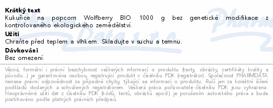 Kukuřice na popcorn BIO 1000g Wolfberry