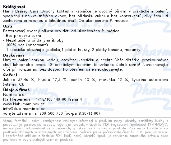 Hami Disney Cars ovoc.koktejl kapsička 110g 9m+