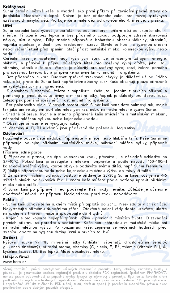 Sunar Cereální kaše rýžová od ukončení 4.měs.210g