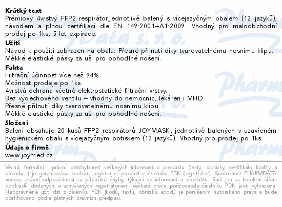 JoyMask FFP2 respirátor bílý 20ks