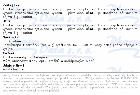Allnature Sportlab Creatine Monohydr.Creapure 300g