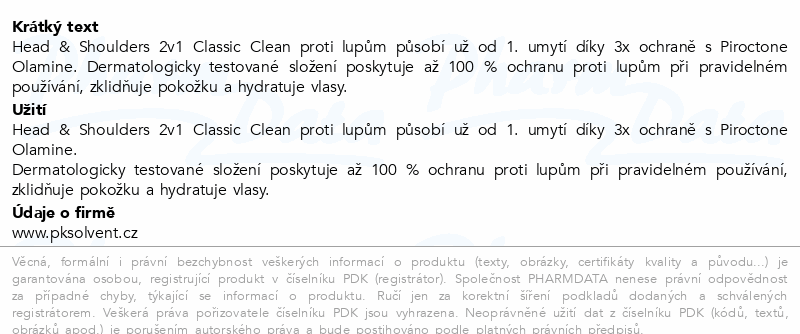 H&S Classic šampon 2v1 800ml