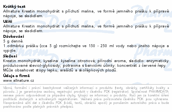 Allnature Sportlab Creatine monohydrát malina 300g