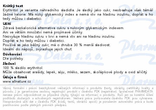 Allnature Erythritol stolní sladidlo 250g