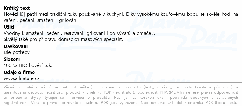 Allnature Hovězí lůj BIO 330g
