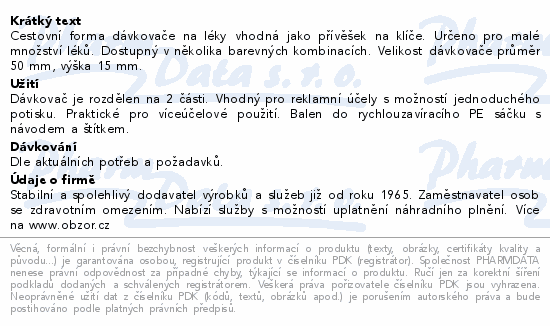 Dávkovač léků OBZOR typ 05 kapesní bílá/broskvová