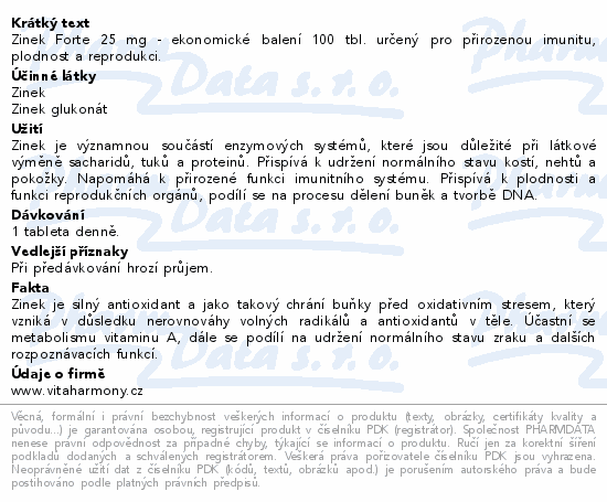 VitaHarmony Zinek Forte 25mg tbl.100