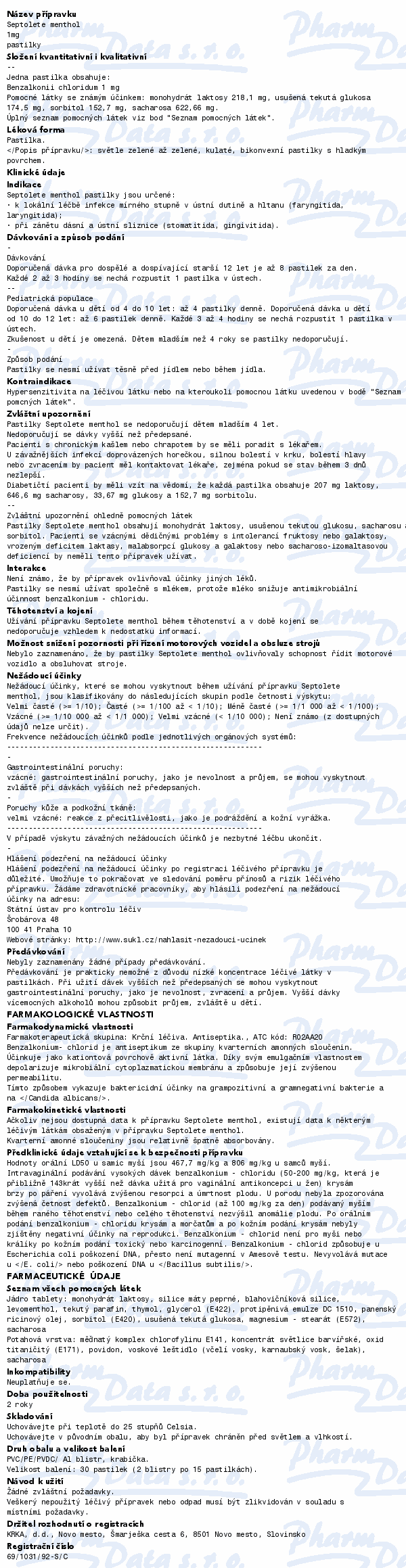 Septolete menthol 1mg pas.30 II